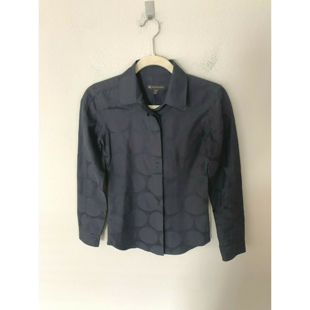 Burberry Women Sz XS Long Sleeves Geometric Cotton Button Down Dress Shirt Black